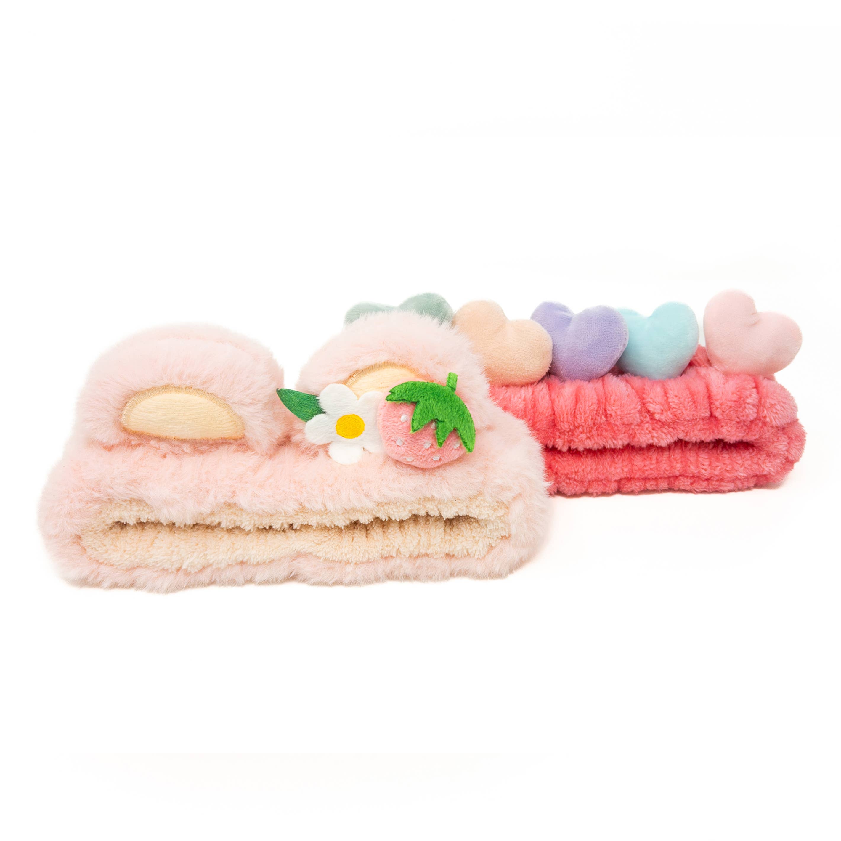2pc Plush Spa Headband Set: Bear Hearts Set (Pink/Hot Pink)