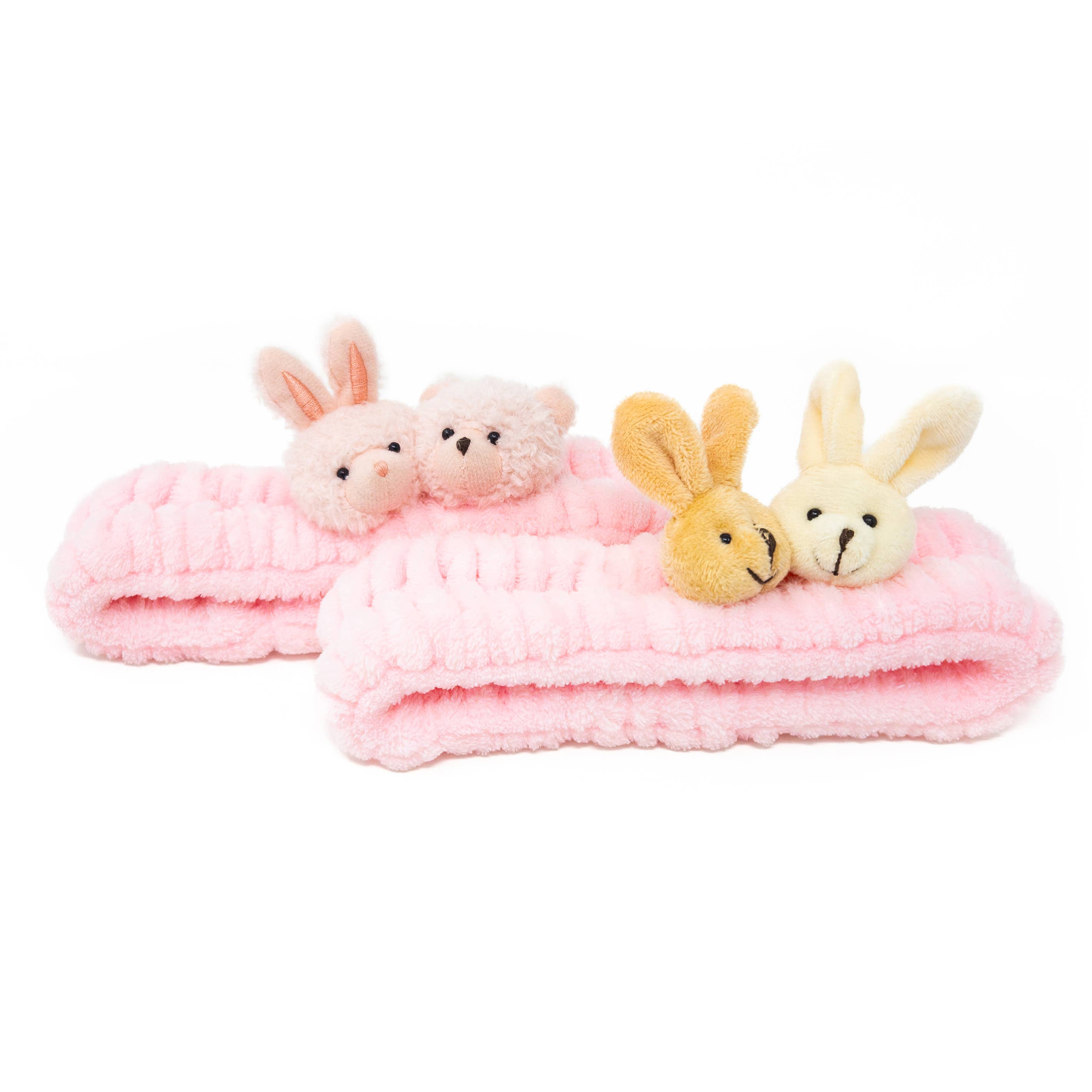 2pc Plush Spa Headband Set: Bear Hearts Set (Pink/Hot Pink)