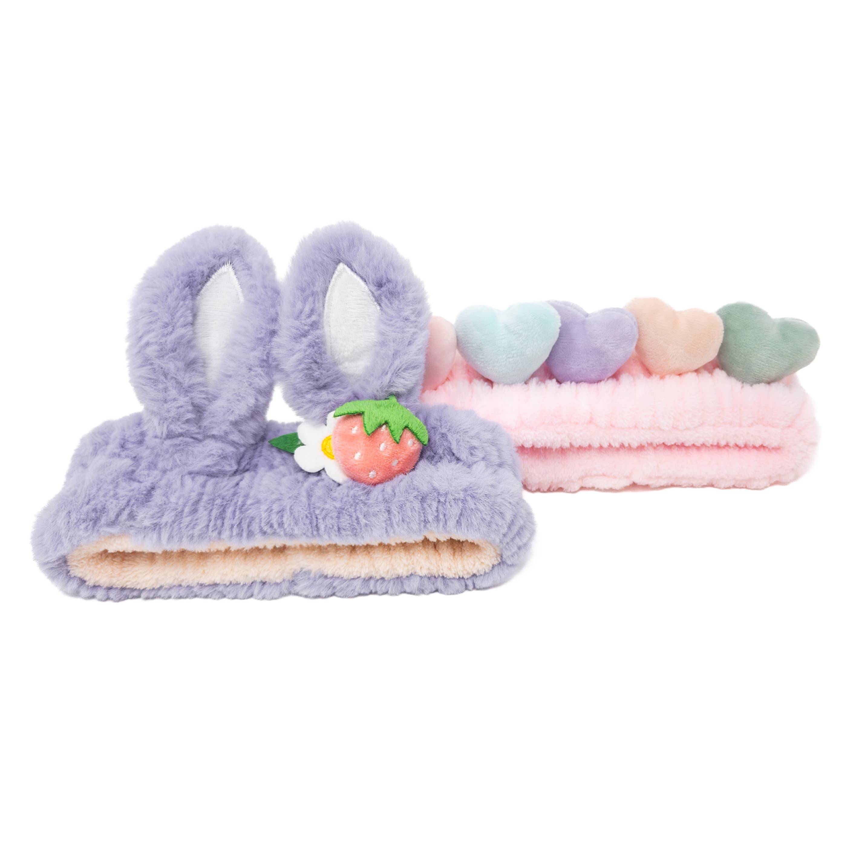 2pc Plush Spa Headband Set: Bear Hearts Set (Pink/Hot Pink)